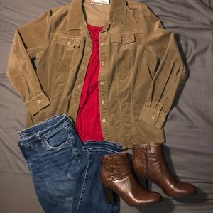 M ladies tan corduroy stretch button shirt jacket